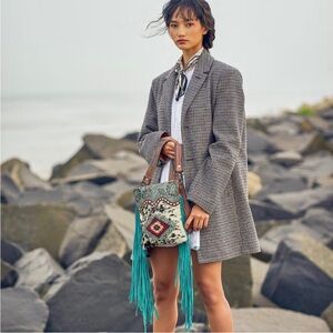MYRA BAG Viridian Boho Long Turquoise Fringe Leather & Hairon Crossbody Bag